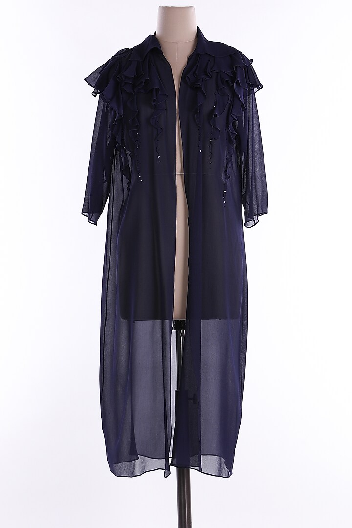 Black Frilled Over Coat by Wendell Rodricks at Pernia's Pop Up Shop