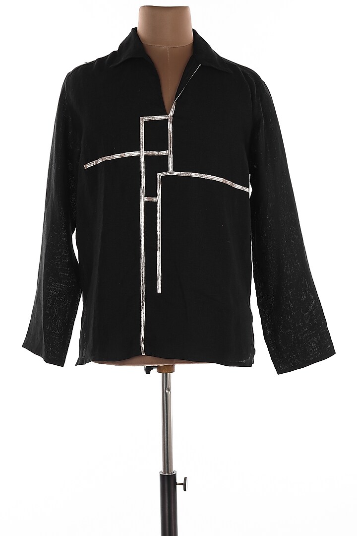 Black Linen Party Wear Shirt by Wendell Rodricks Men at Pernia's Pop Up Shop