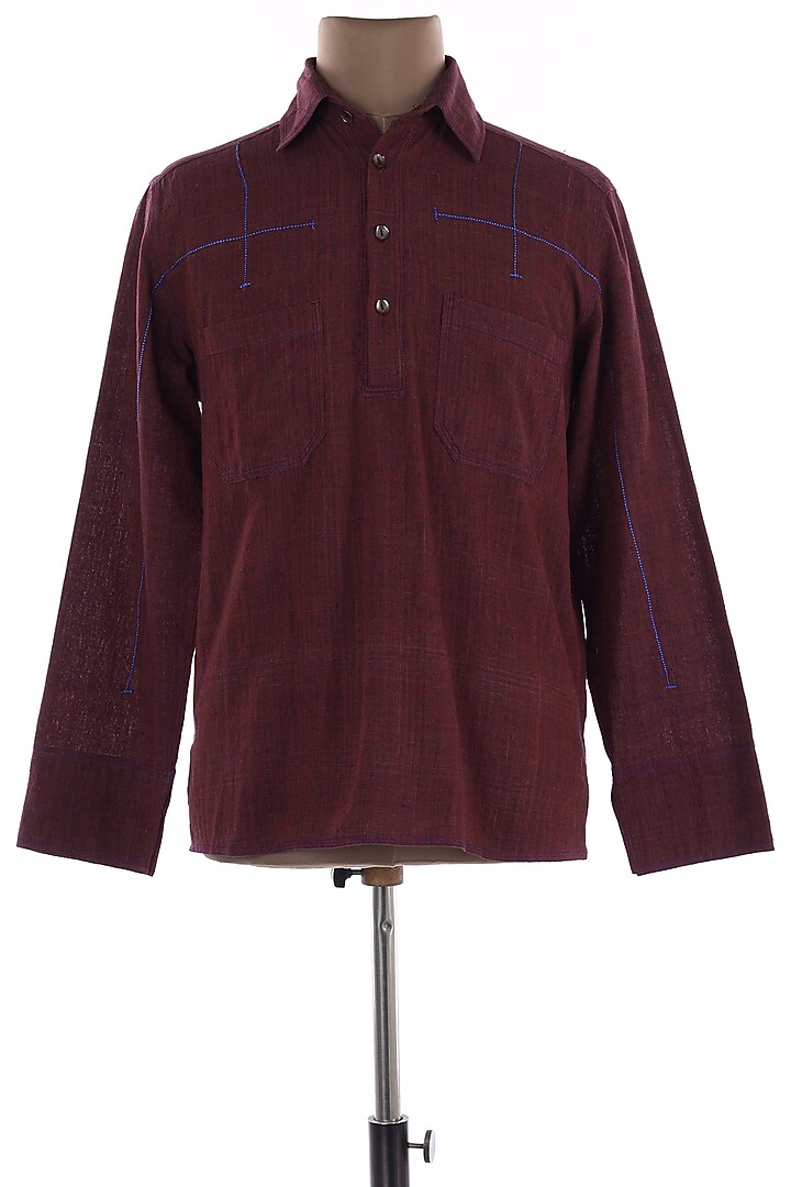 Maroon Cotton Collar Party Wear Shirt by Wendell Rodricks Men at Pernia's Pop Up Shop