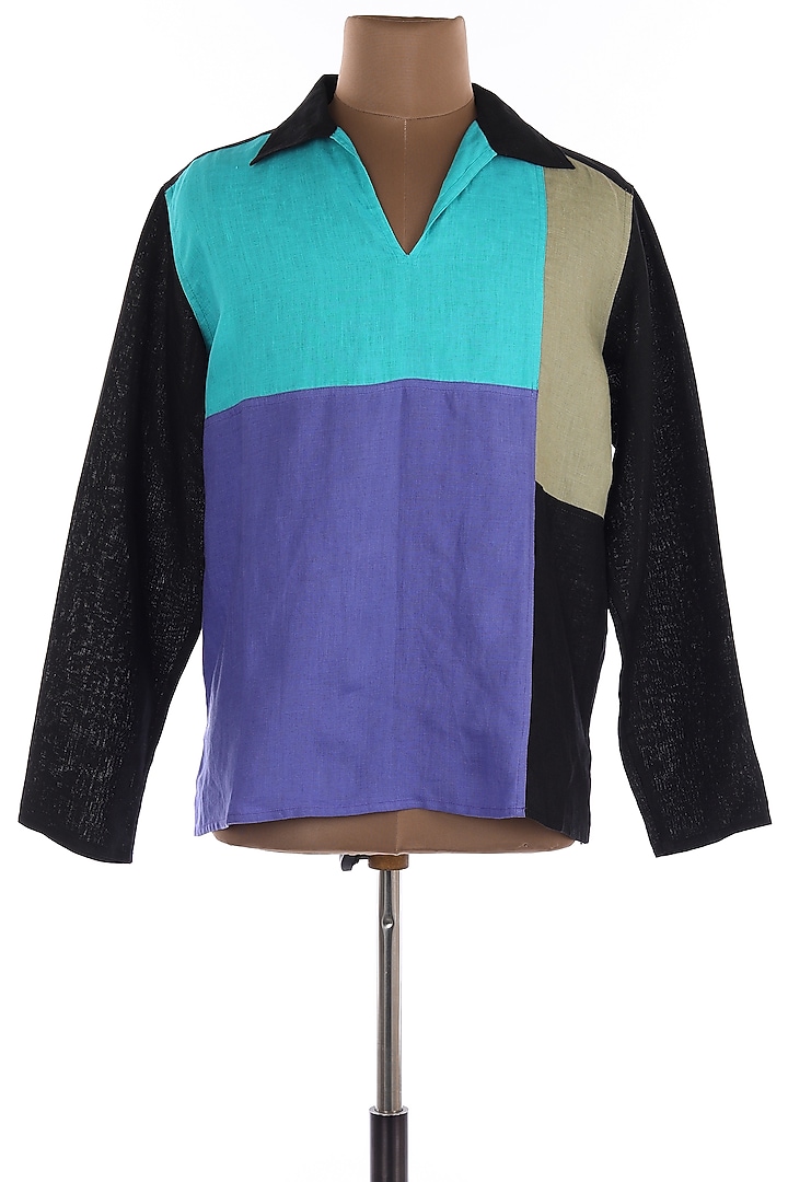 Multi Collar Linen Tunic Party Wear Shirt by Wendell Rodricks Men at Pernia's Pop Up Shop