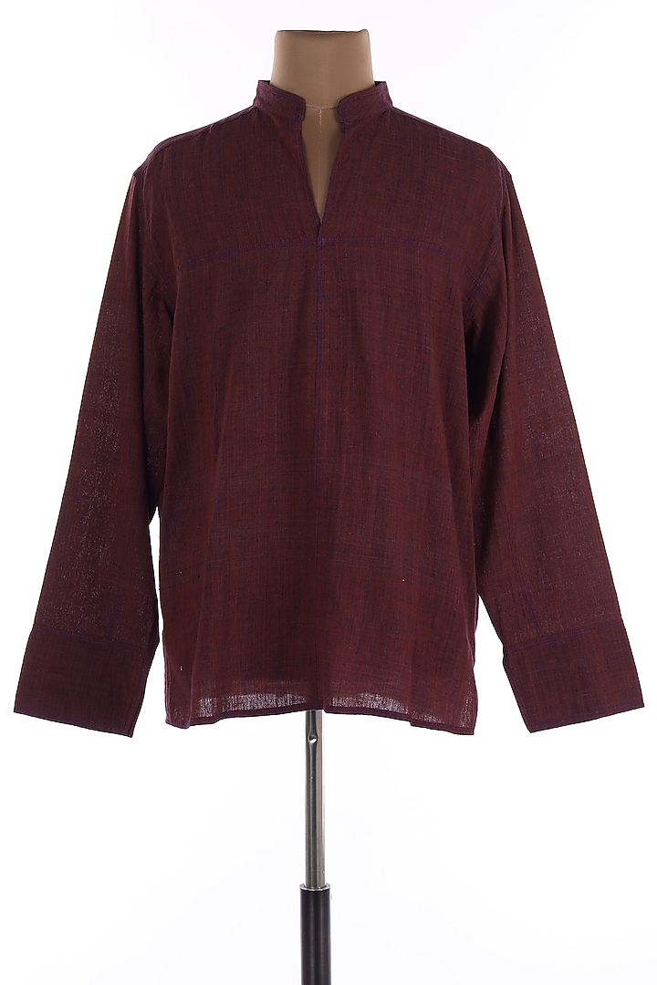 Maroon Mandarin Collar Cotton Party Wear Shirt by Wendell Rodricks Men at Pernia's Pop Up Shop