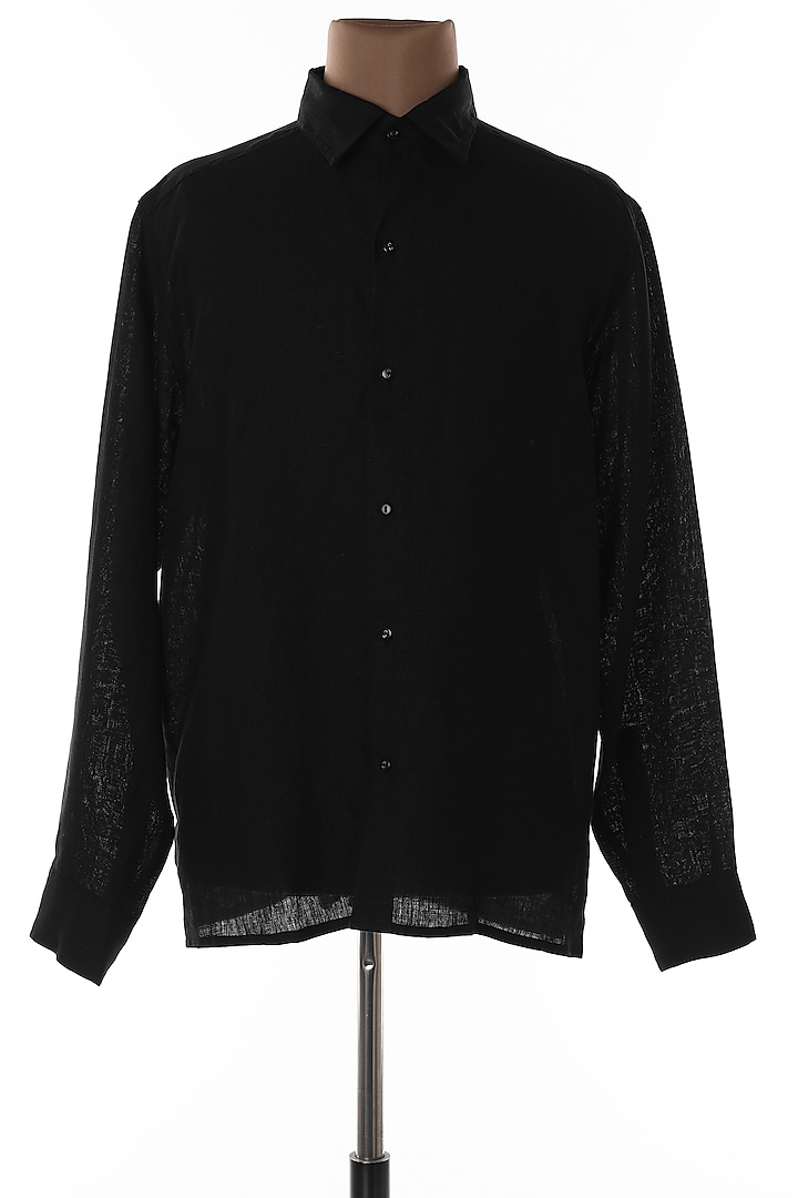 Black Linen Collar Shirt by Wendell Rodricks Men