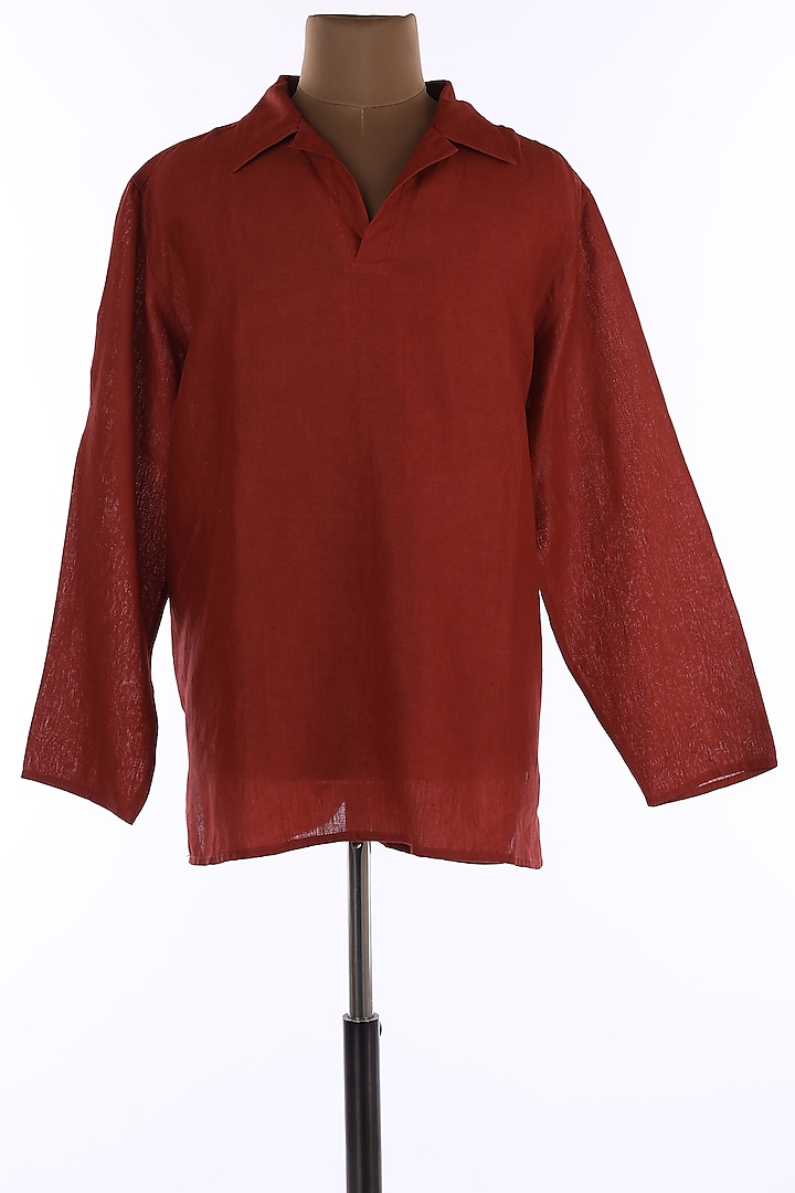 Brick Red Collar Tunic Shirt by Wendell Rodricks Men
