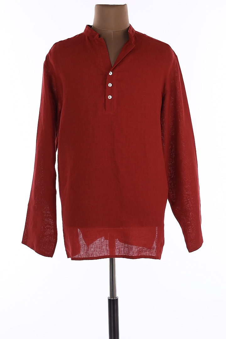 Red Mandarin Collar Tunic Shirt by Wendell Rodricks Men