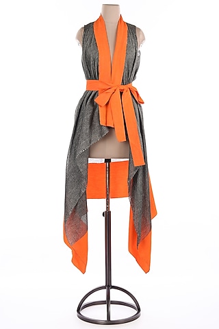 Grey & Orange Linen Overcoat by Wendell Rodricks