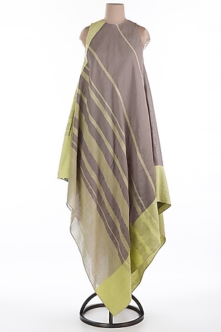 Grey & Lime Green Linen Asymmetric Midi Dress by Wendell Rodricks