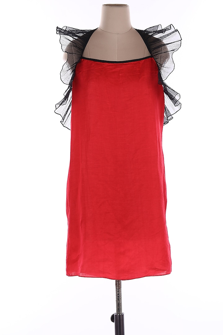 Red Crinkled Organza Mini Dress by Wendell Rodricks