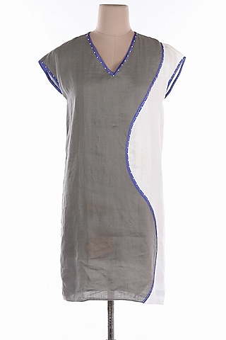 Grey & White Linen Mini Dress by Wendell Rodricks