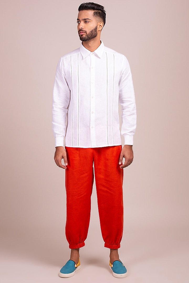 White Party Wear Shirt With Ladder Stitch Detailing by Wendell Rodricks Men at Pernia's Pop Up Shop