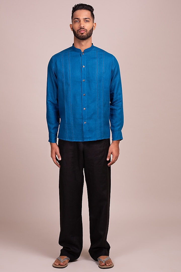 Blue Party Wear Shirt With Ladder Stitch Detailing by Wendell Rodricks Men at Pernia's Pop Up Shop