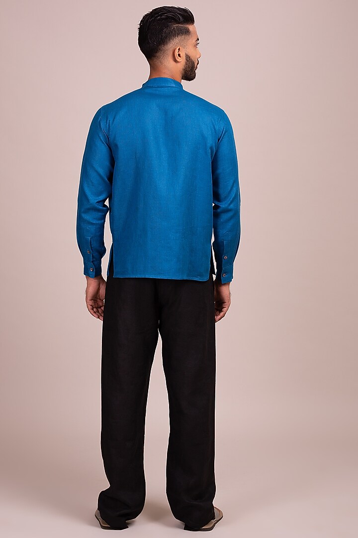 Blue Party Wear Shirt With Ladder Stitch Detailing by Wendell Rodricks Men at Pernia's Pop Up Shop