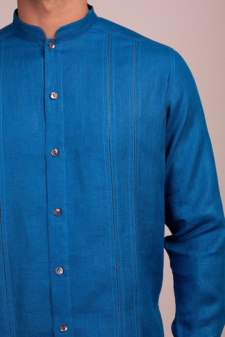 Blue Party Wear Shirt With Ladder Stitch Detailing by Wendell Rodricks Men at Pernia's Pop Up Shop