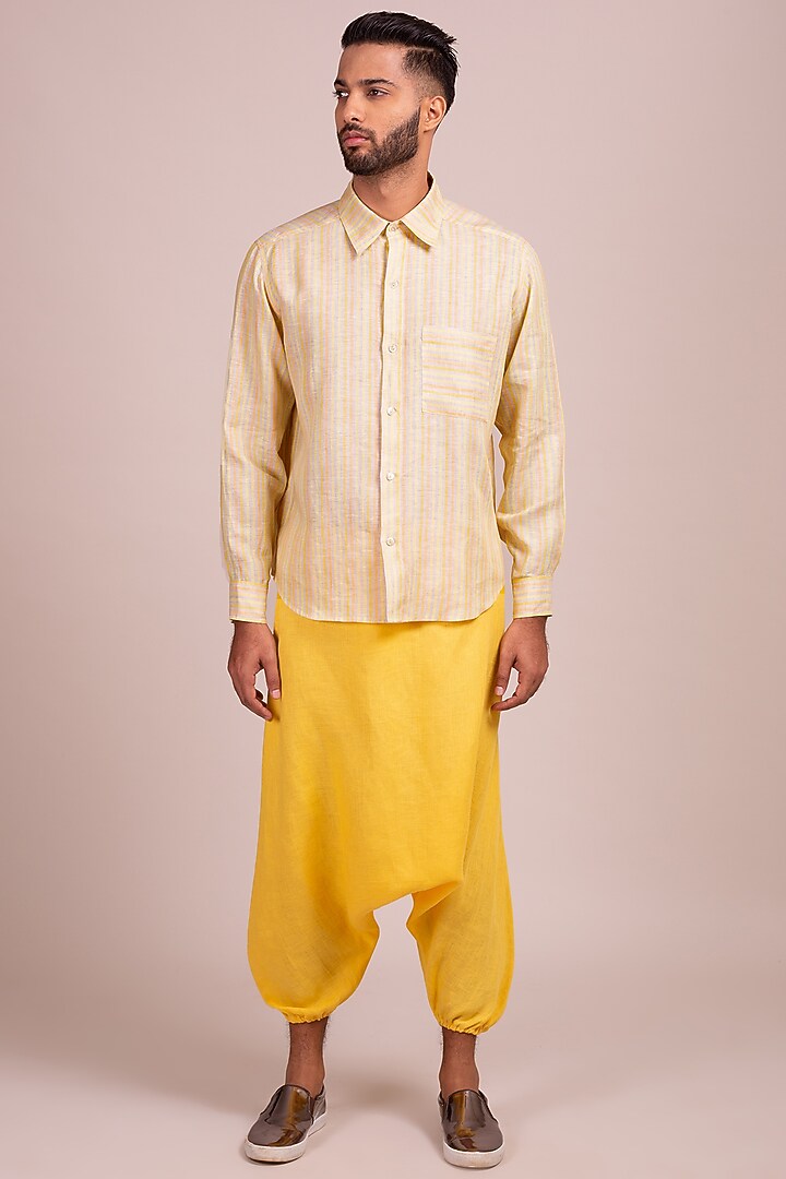 Light Yellow Party Wear Shirt With Striped Pocket by Wendell Rodricks Men at Pernia's Pop Up Shop