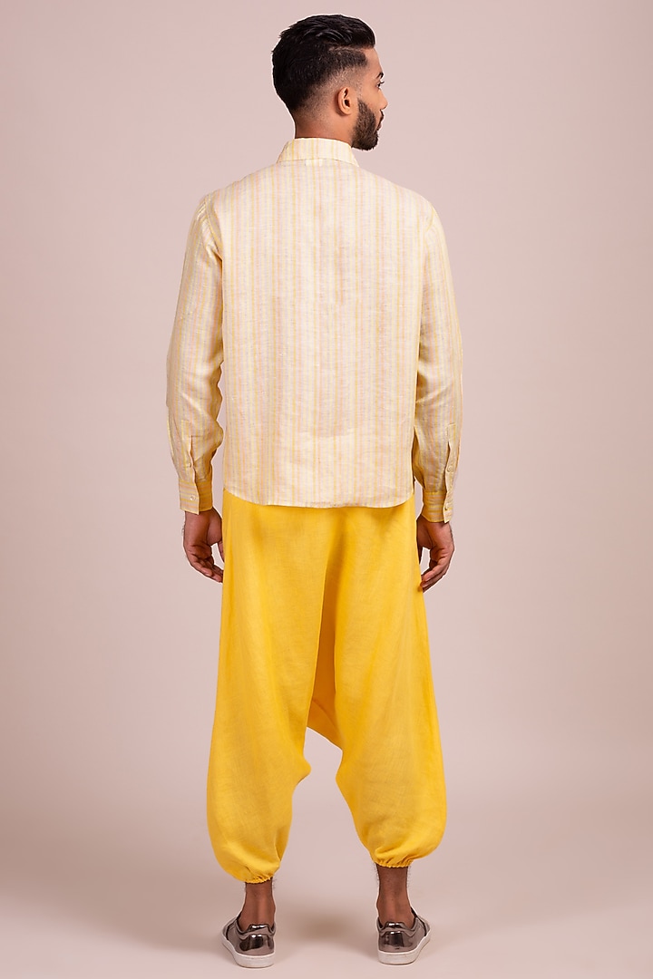 Light Yellow Party Wear Shirt With Striped Pocket by Wendell Rodricks Men at Pernia's Pop Up Shop