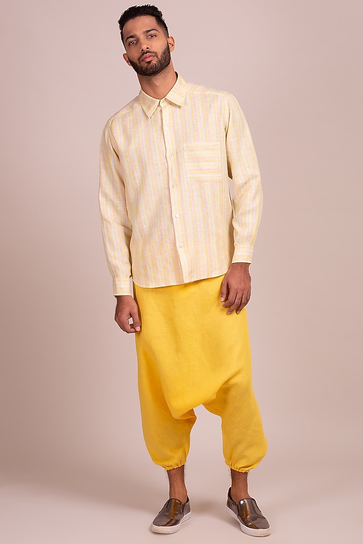 Light Yellow Party Wear Shirt With Striped Pocket by Wendell Rodricks Men at Pernia's Pop Up Shop