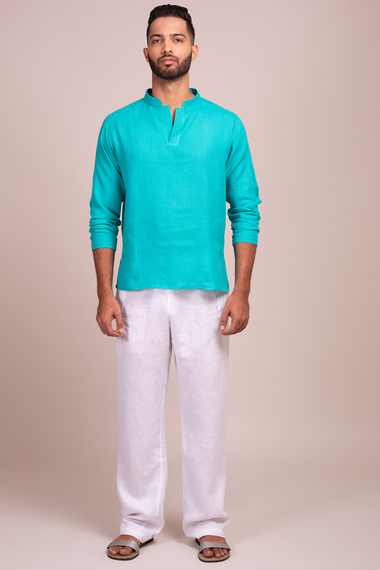 Turquoise Linen Tunic-Style Shirt by Wendell Rodricks Men