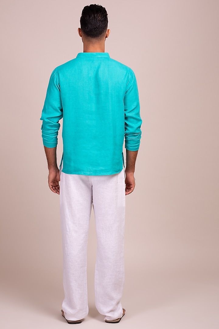 Turquoise Linen Tunic-Style Party Wear Shirt by Wendell Rodricks Men at Pernia's Pop Up Shop