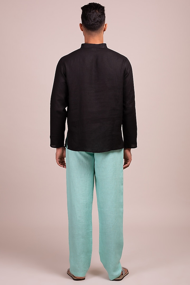 Black Linen Tunic-Style Party Wear Shirt by Wendell Rodricks Men at Pernia's Pop Up Shop