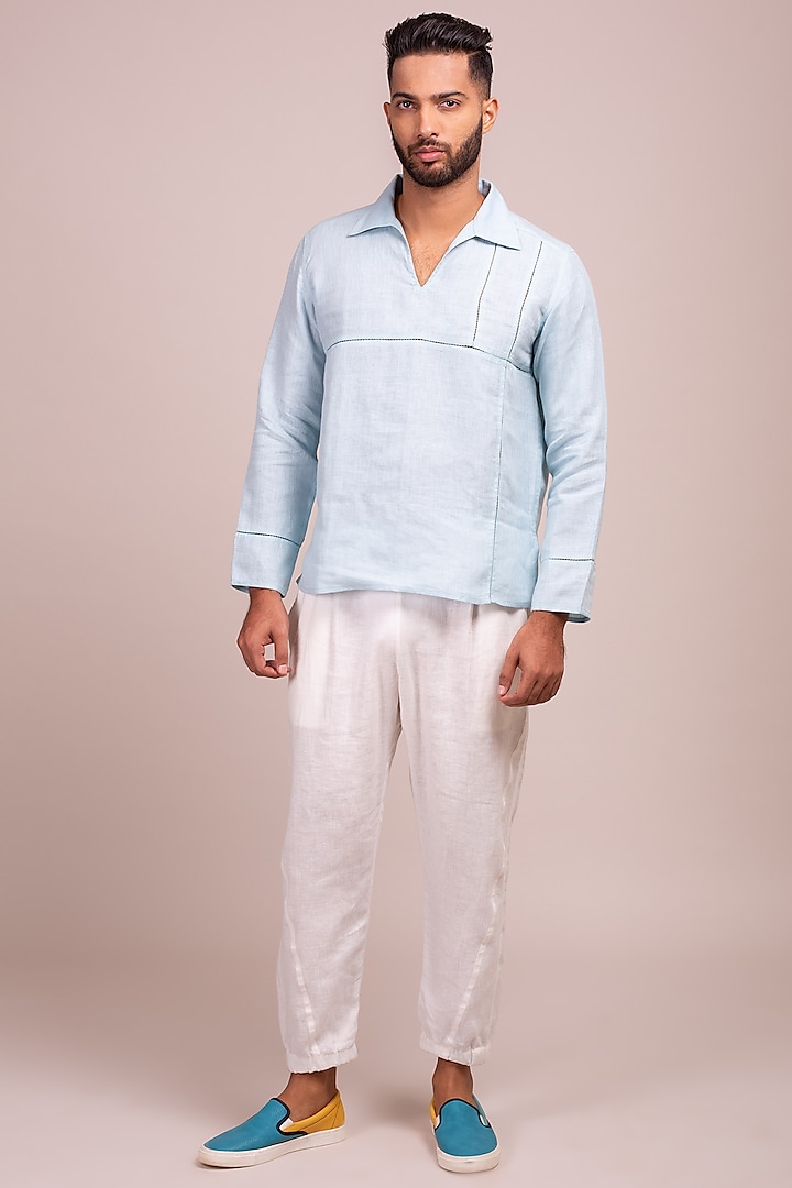 Blue Linen Tunic-Style Shirt by Wendell Rodricks Men