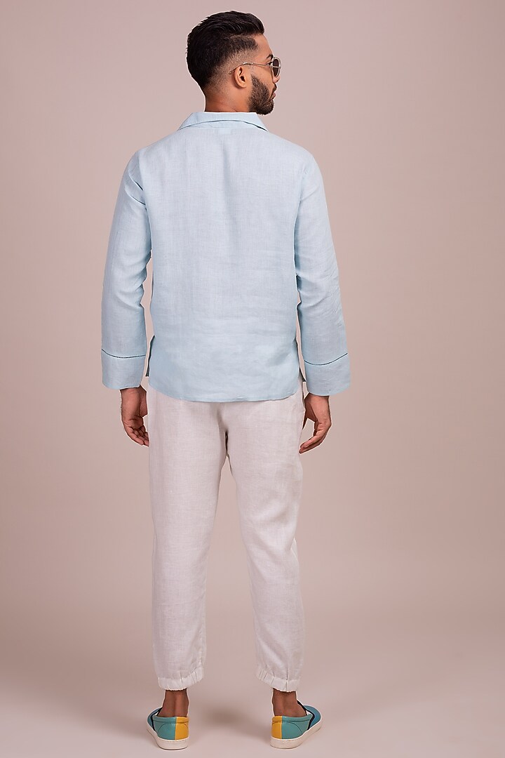 Blue Linen Tunic-Style Party Wear Shirt by Wendell Rodricks Men at Pernia's Pop Up Shop