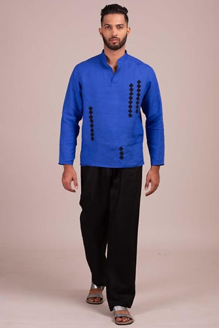 Blue Linen Tunic-Style Shirt by Wendell Rodricks Men