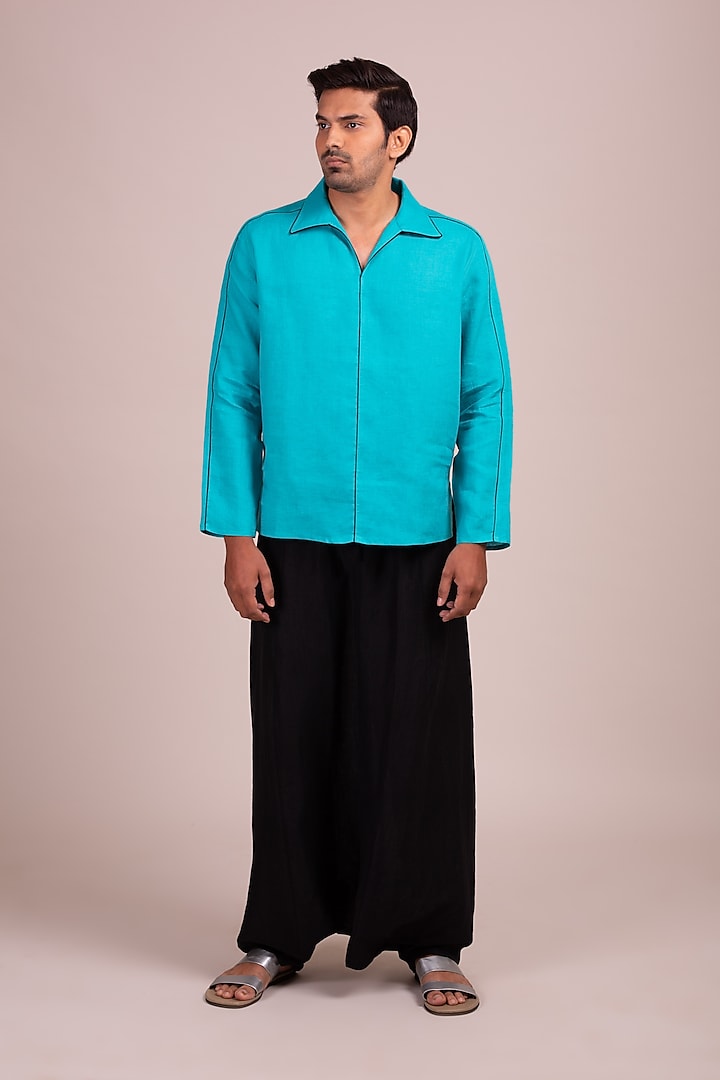 Turquoise Tunic-Style Shirt With Black Piping by Wendell Rodricks Men