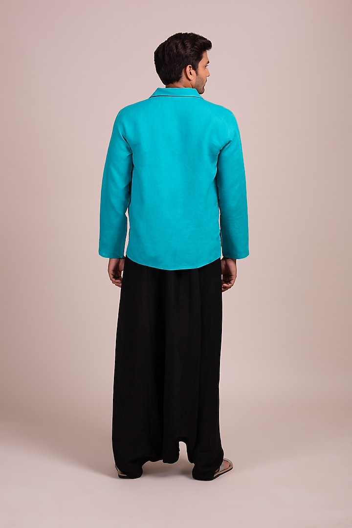 Turquoise Tunic-Style Party Wear Shirt With Black Piping by Wendell Rodricks Men at Pernia's Pop Up Shop