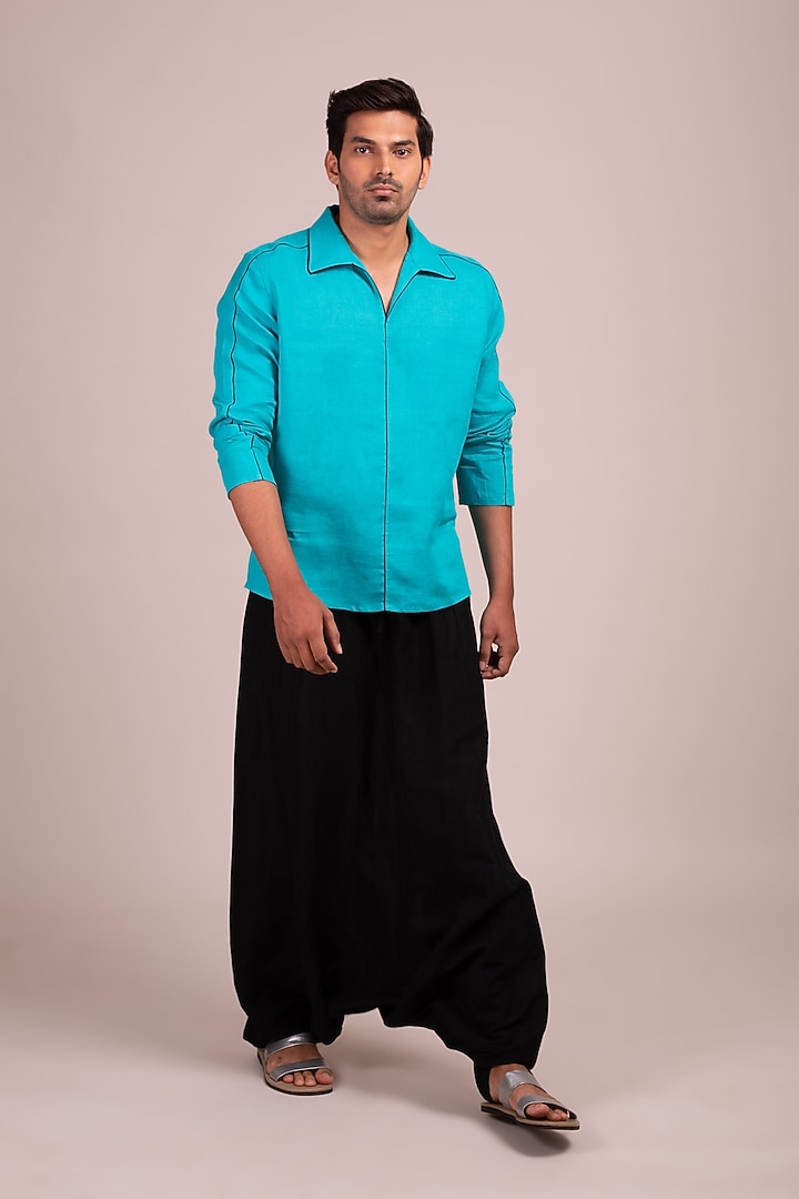 Turquoise Tunic-Style Party Wear Shirt With Black Piping by Wendell Rodricks Men at Pernia's Pop Up Shop