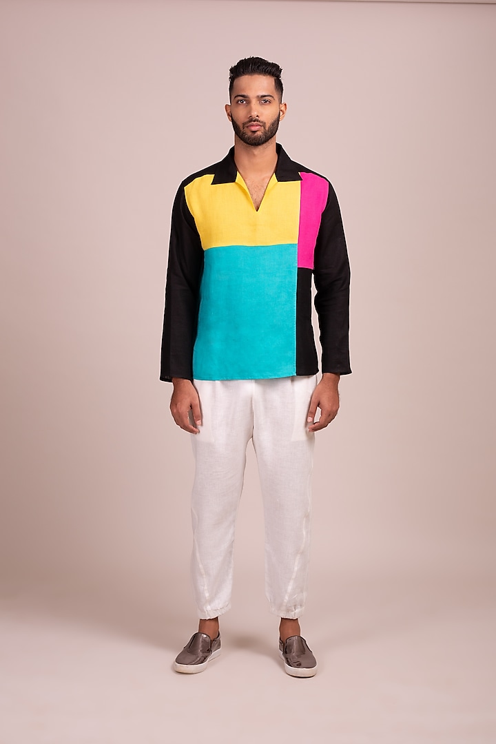 Black Color Blocked Tunic-Style Shirt by Wendell Rodricks Men