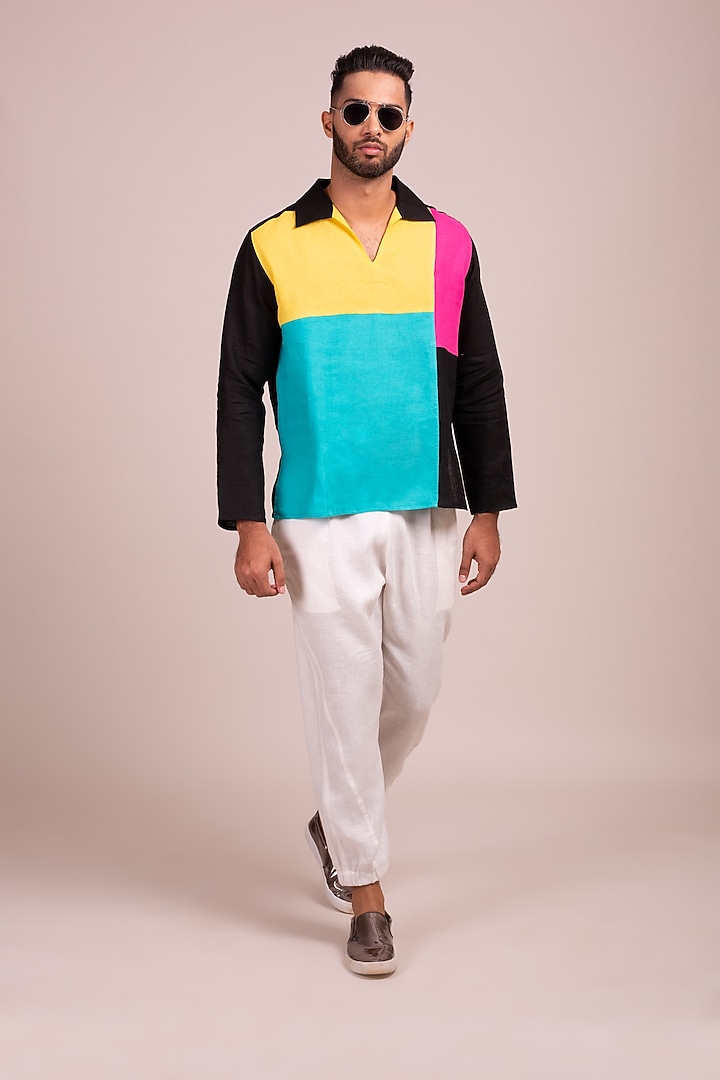 Black Color Blocked Tunic-Style Party Wear Shirt by Wendell Rodricks Men at Pernia's Pop Up Shop