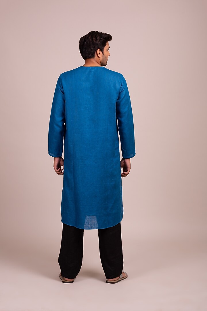 Indigo Blue Kurta With Black Piping by Wendell Rodricks Men at Pernia's Pop Up Shop