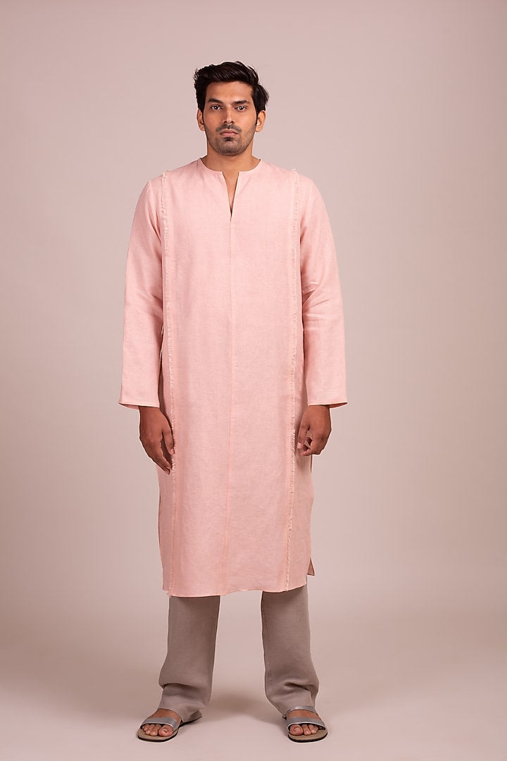 Pink Linen Kurta With Fringe by Wendell Rodricks Men at Pernia's Pop Up Shop