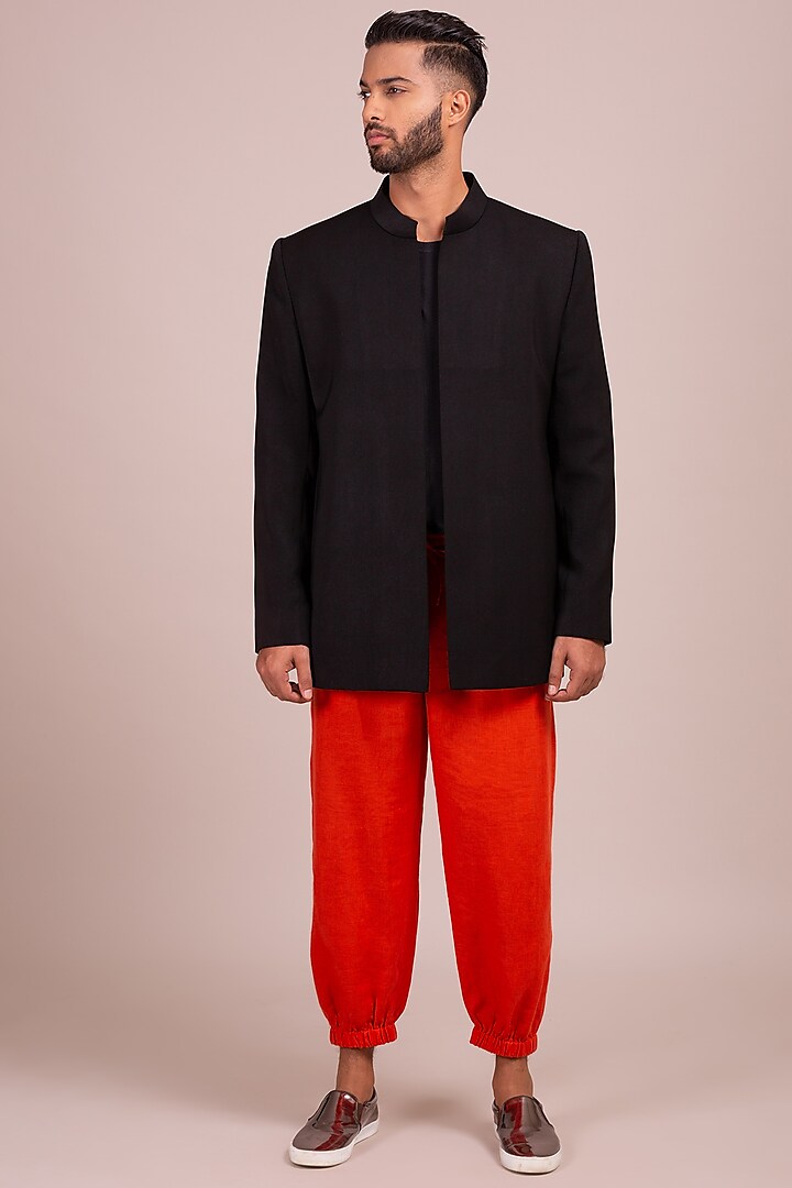 Black Mandarin Collar Blazer by Wendell Rodricks Men
