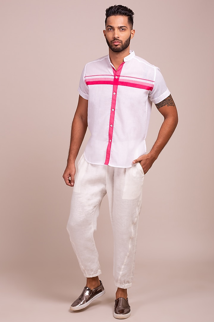 White Party Wear Shirt With Fuchsia Stripes by Wendell Rodricks Men at Pernia's Pop Up Shop