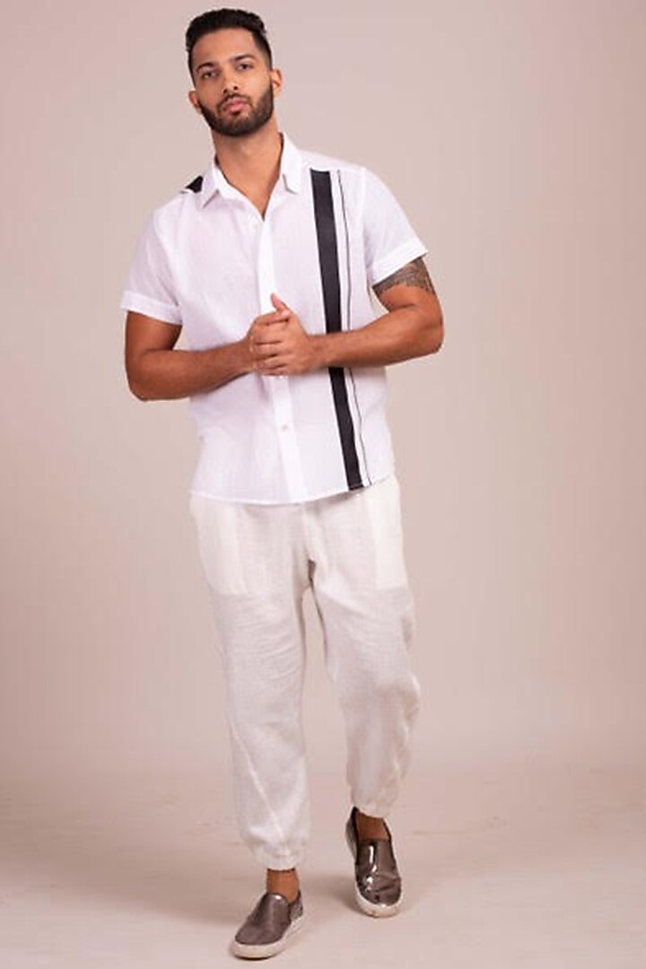 White Party Wear Shirt WIth Black Stripes by Wendell Rodricks Men at Pernia's Pop Up Shop