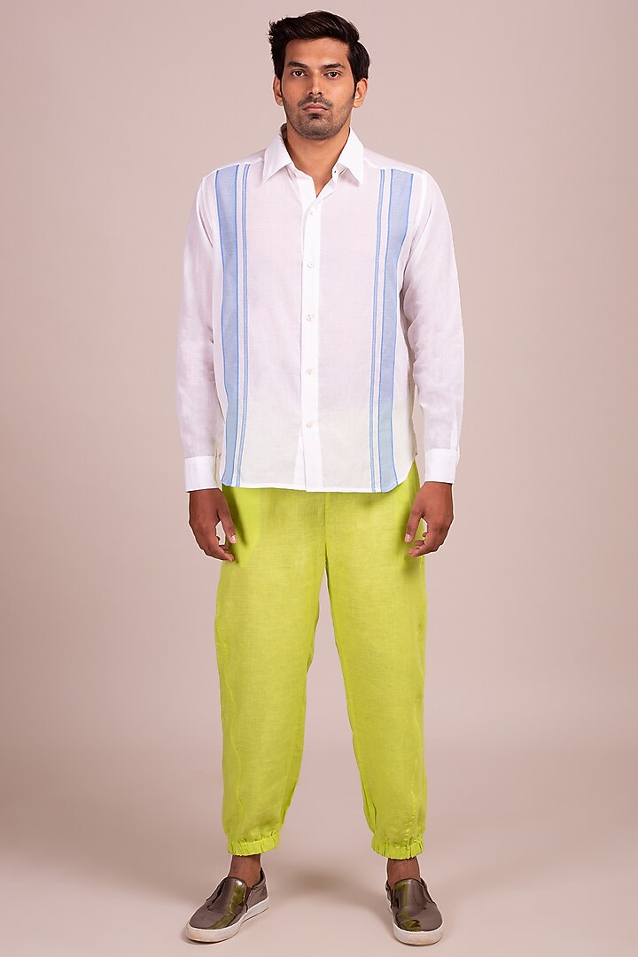White Open Collar Striped Party Wear Shirt by Wendell Rodricks Men at Pernia's Pop Up Shop