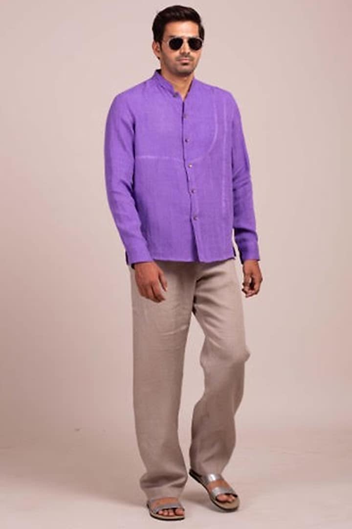 Purple Shirt With Curved Placket by Wendell Rodricks Men