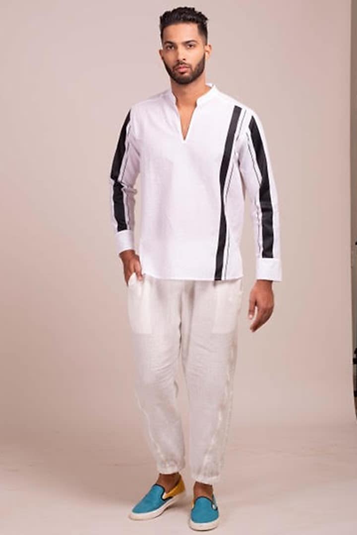 White Tunic-Style Shirt With Black Stripes by Wendell Rodricks Men