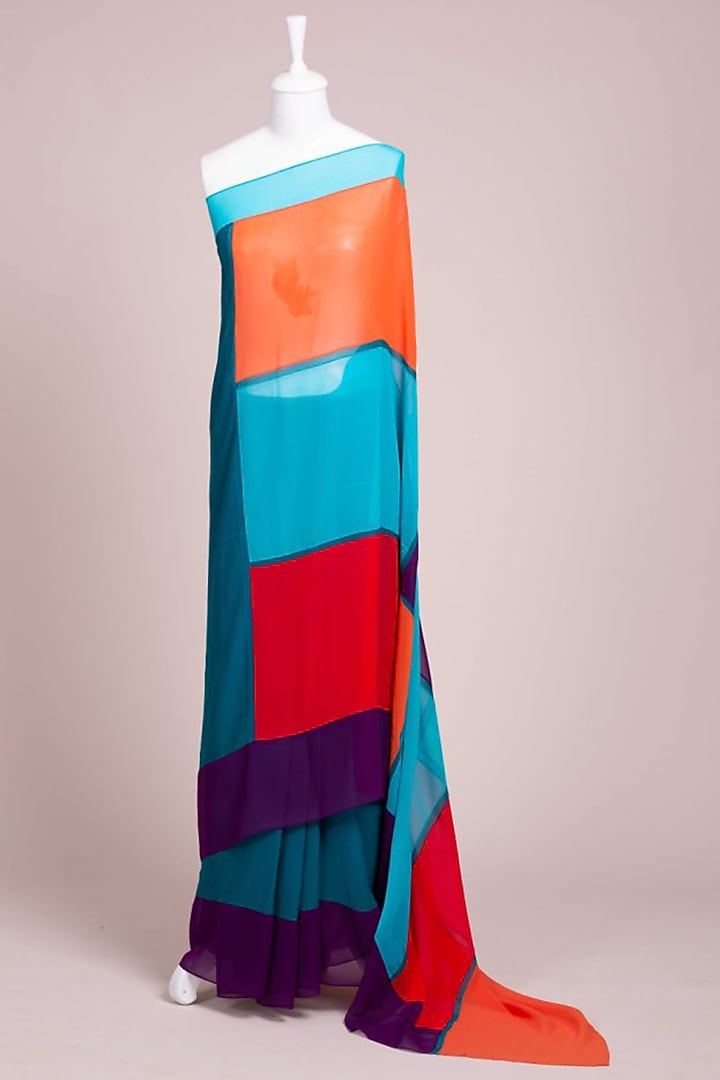 Multi Colored Mondrian Party Wear Saree by Wendell Rodricks at Pernia's Pop Up Shop