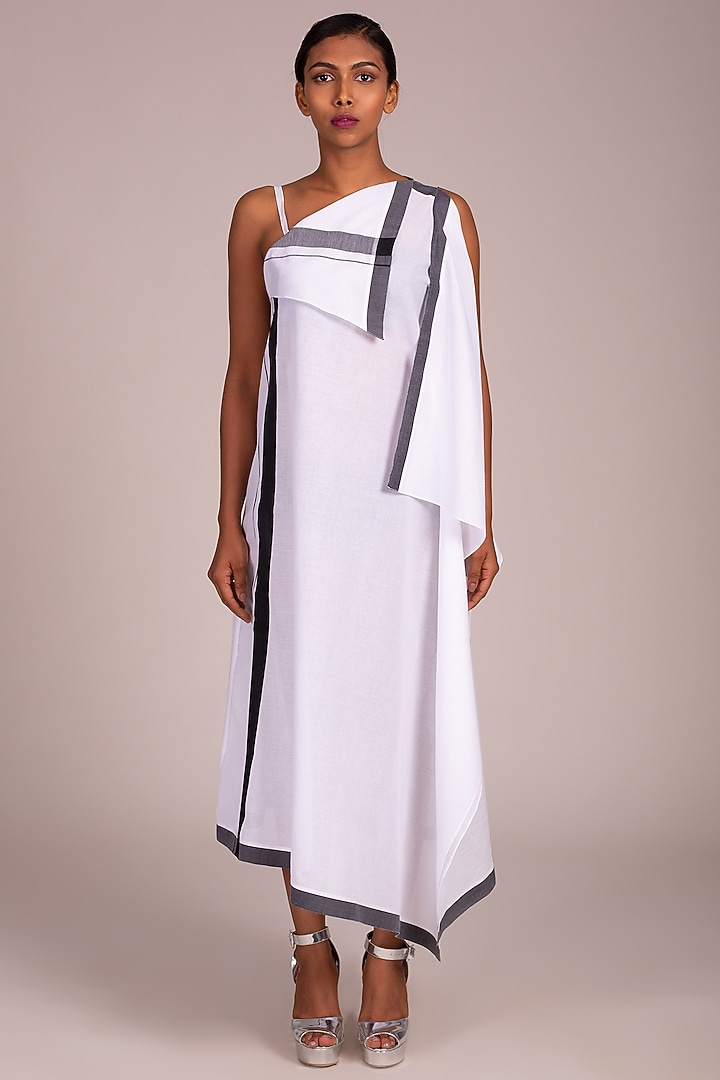 White Asymmetric Summer Dress With Black Stripe by Wendell Rodricks at Pernia's Pop Up Shop