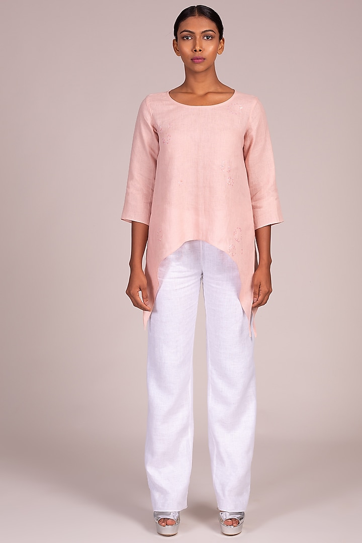 Pink Embroidered Top With Curved Hem by Wendell Rodricks