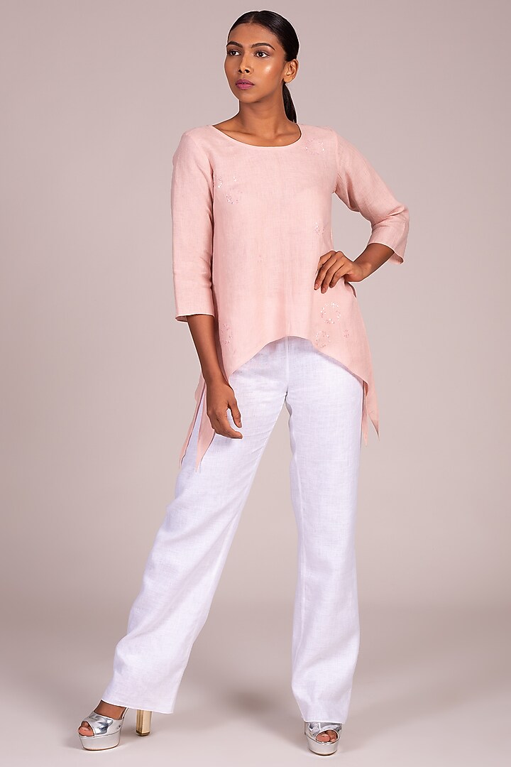 Pink Embroidered Top With Curved Hem by Wendell Rodricks at Pernia's Pop Up Shop