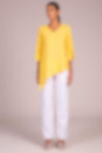 Yellow Embroidered Asymmetric Top by Wendell Rodricks
