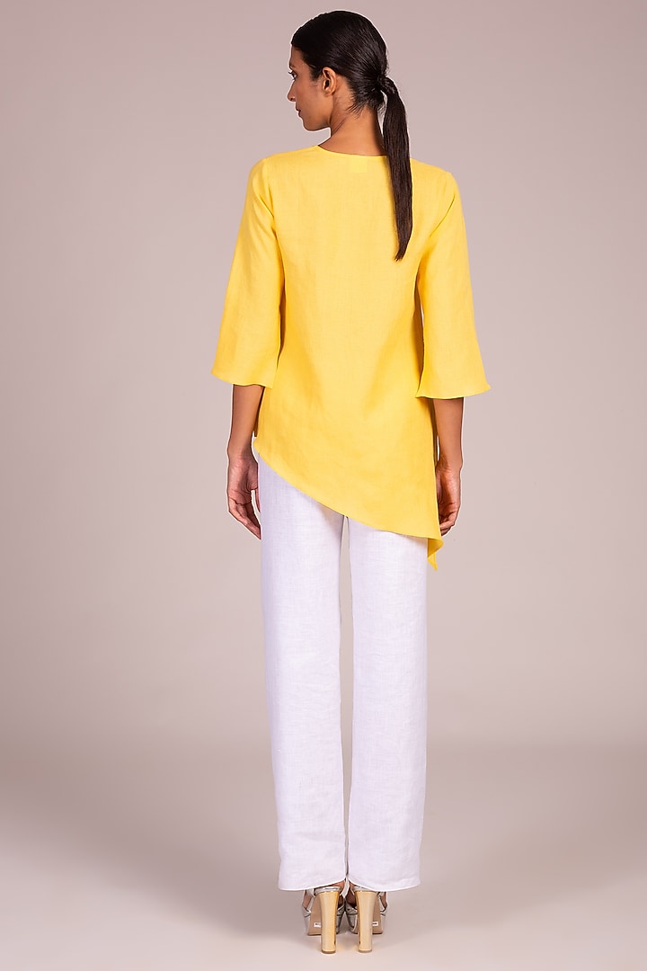 Yellow Embroidered Asymmetric Top by Wendell Rodricks at Pernia's Pop Up Shop