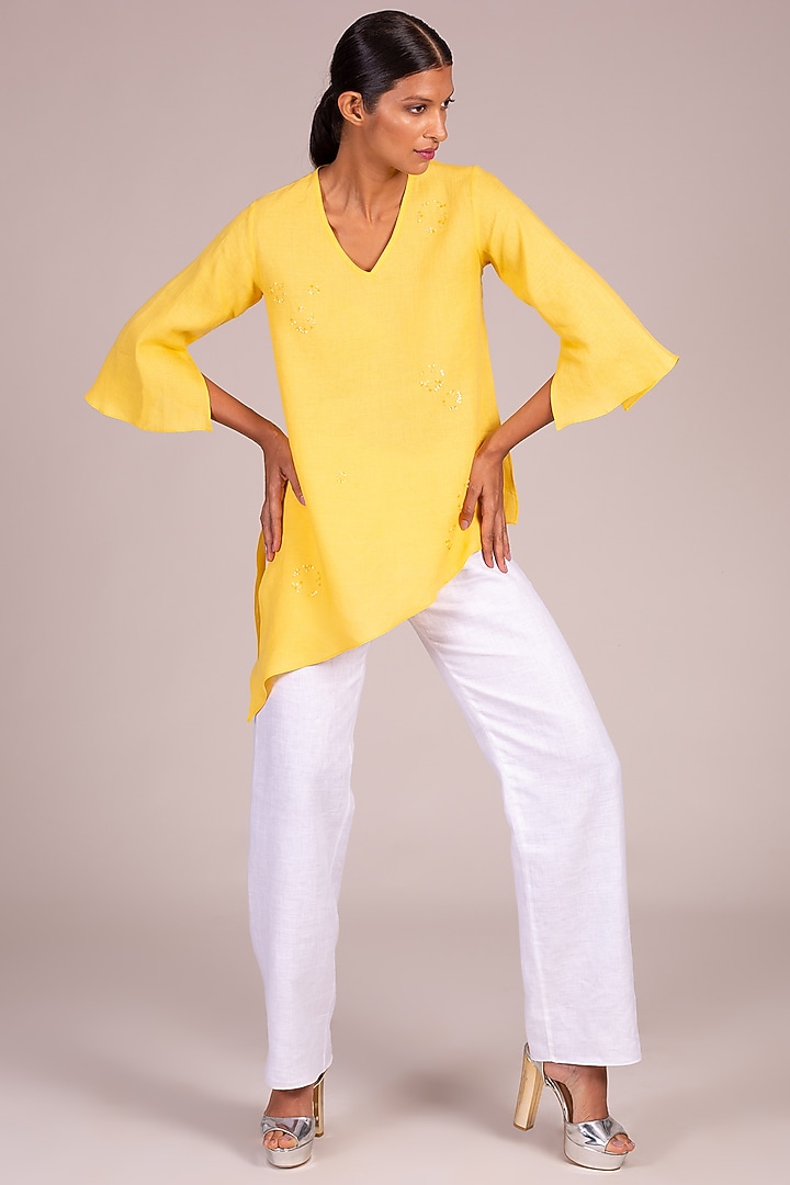 Yellow Embroidered Asymmetric Top by Wendell Rodricks at Pernia's Pop Up Shop