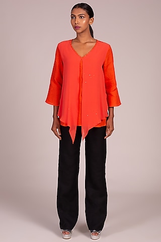 Orange Embroidered Over-Layer Top by Wendell Rodricks