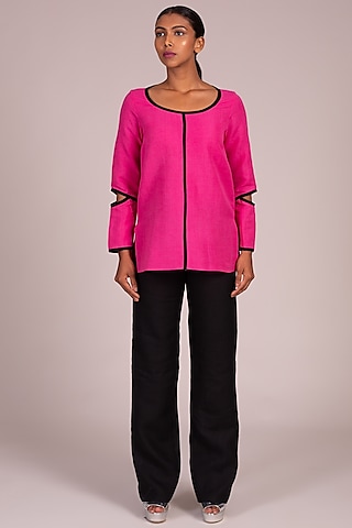Fuschia Top With Contrast Piping by Wendell Rodricks