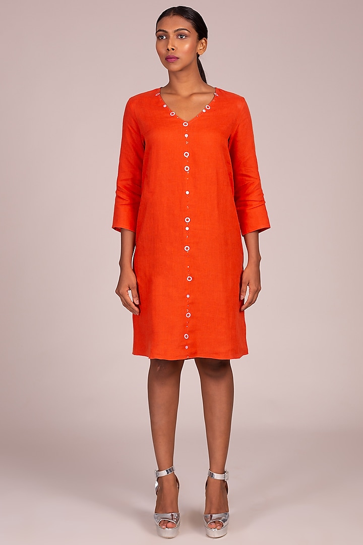 Orange Embroidered Shift Dress by Wendell Rodricks