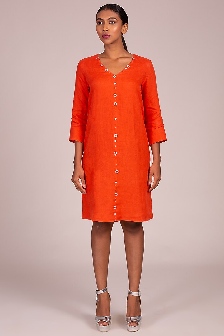 Orange Embroidered Shift Dress by Wendell Rodricks at Pernia's Pop Up Shop