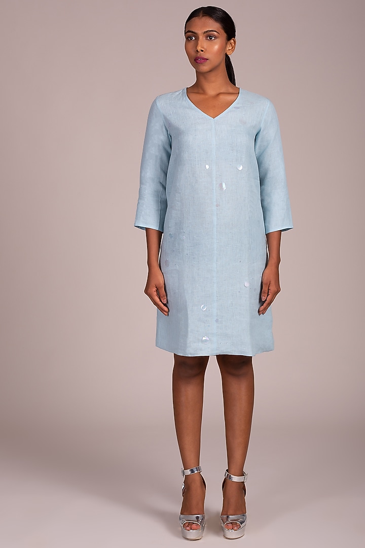 Blue Floating Circle Embroidered Dress by Wendell Rodricks at Pernia's Pop Up Shop